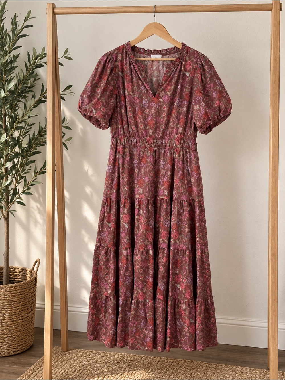Chic Soul 1X Burgundy Floral Tiered Maxi Dress 100% Cotton Puff Sleeve